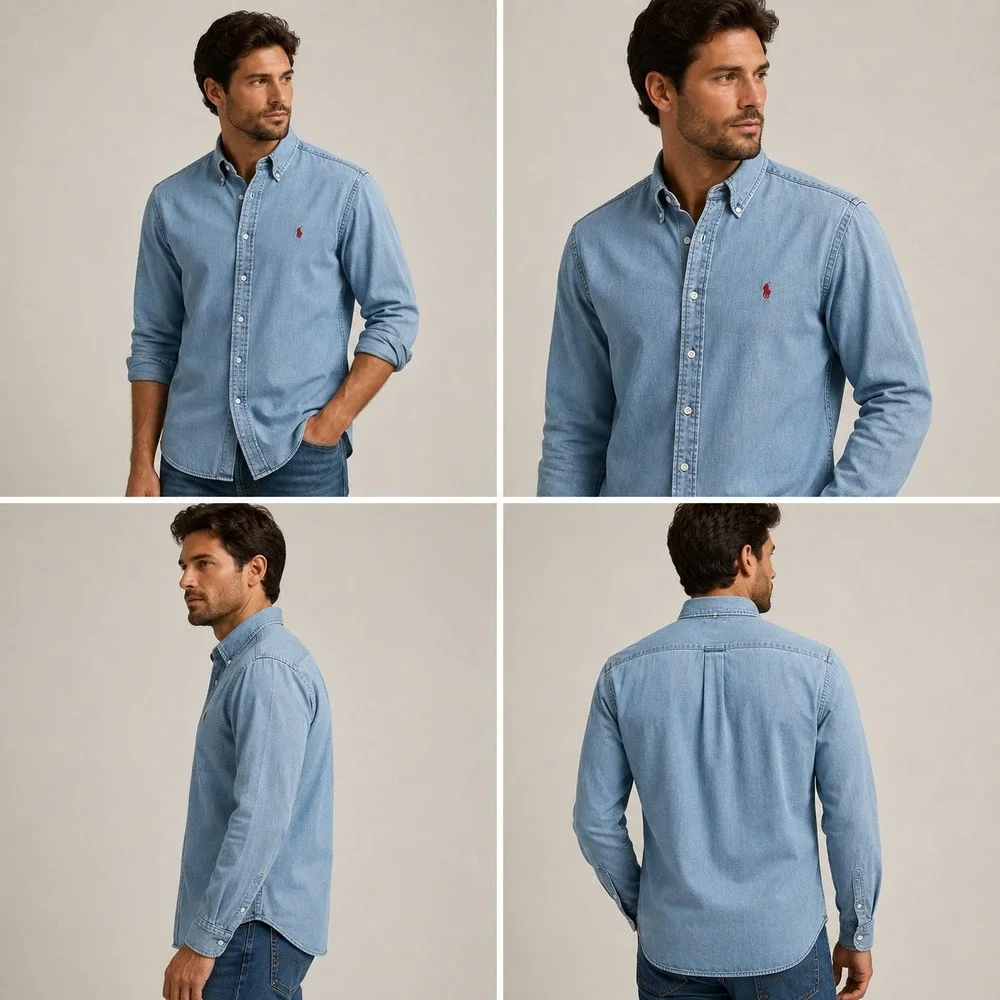 Vintage 90's Ralph Lauren Polo Shirt Men's Medium Blue Denim Button Up Red Pony